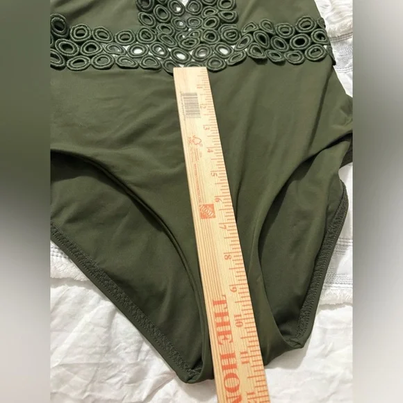 BECCA Siren Olive Green One Piece Swimsuit. Cute Circular Cutouts, Tie Back. - Picture 16 of 16